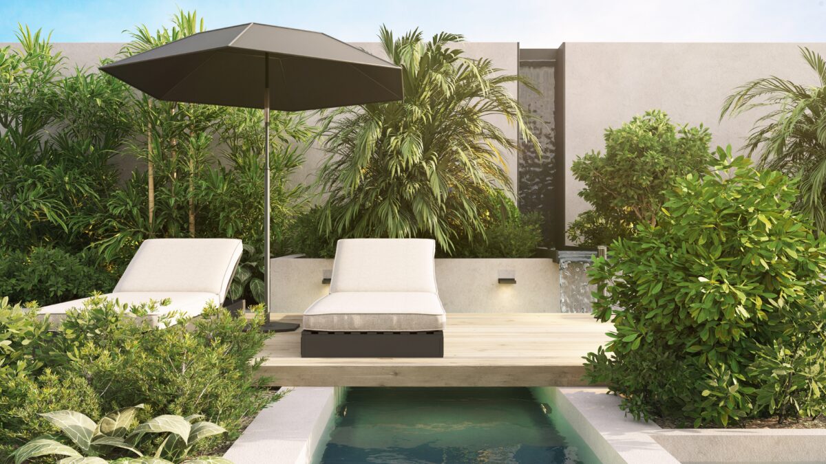 3d,Rendering,,Illustration,Of,A,Sunbathing,Bed,With,Furniture.,In