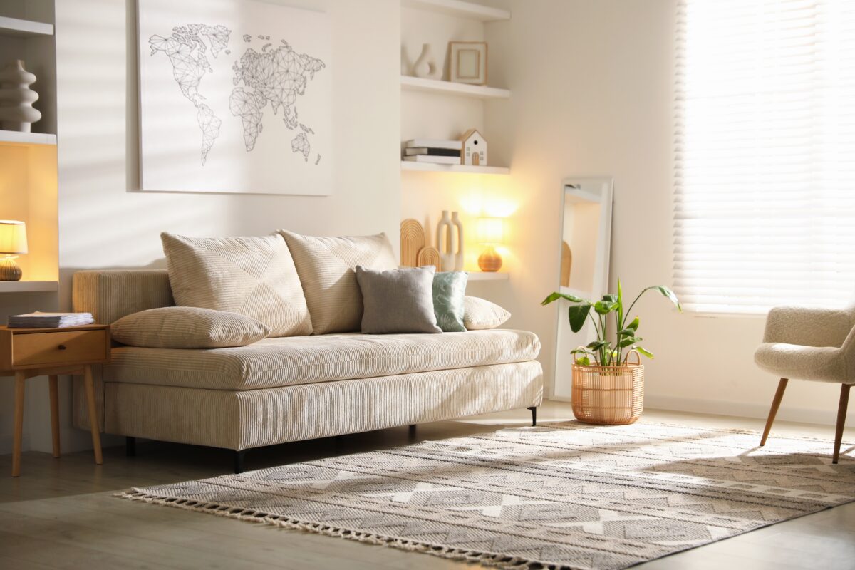 Comfortable,Sofa,With,Pillows,And,Houseplant,In,Living,Room