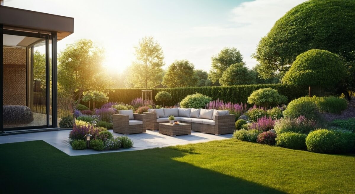 Modern,Contemporary,Backyard,Garden,With,Rattan,Furniture,Sunny,Day,Realistic
