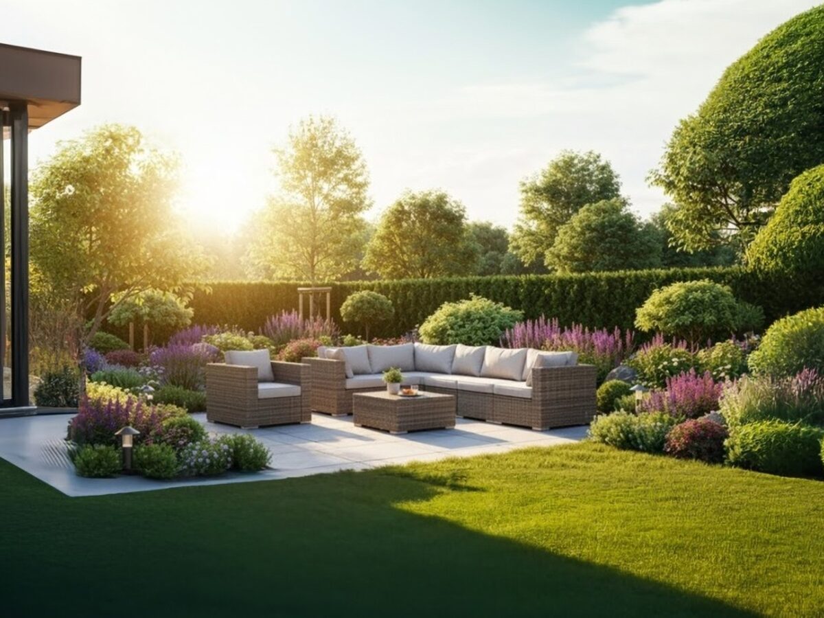 Modern,Contemporary,Backyard,Garden,With,Rattan,Furniture,Sunny,Day,Realistic