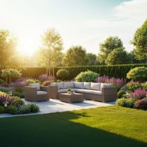 Modern,Contemporary,Backyard,Garden,With,Rattan,Furniture,Sunny,Day,Realistic